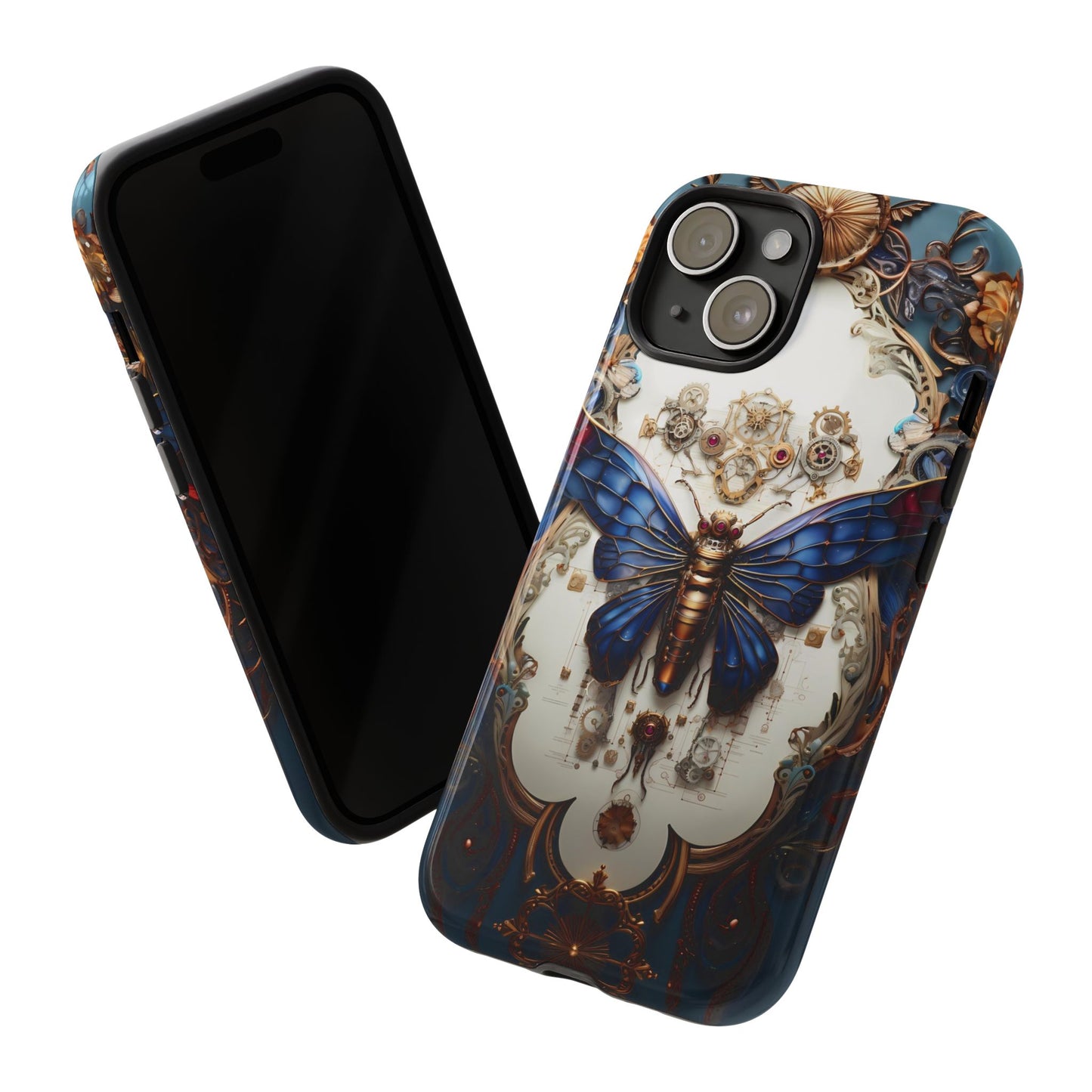 Blue Steampunk Cicada Tough Phone Case: Vintage Animatronic Insect Art for iPhone, Samsung Galaxy, and Google Pixel