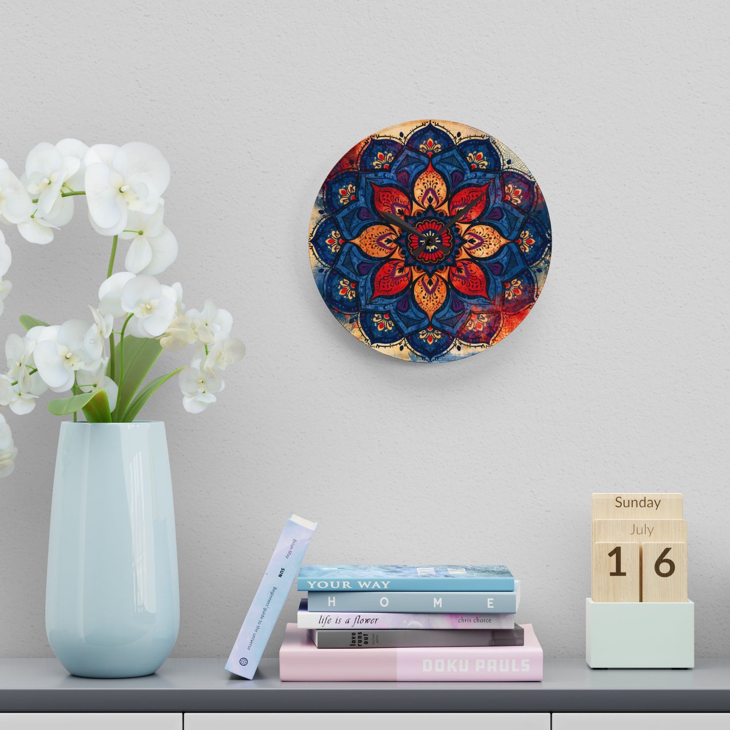Mandala Acrylic Wall Clock — Colorful Boho Floral Timepiece