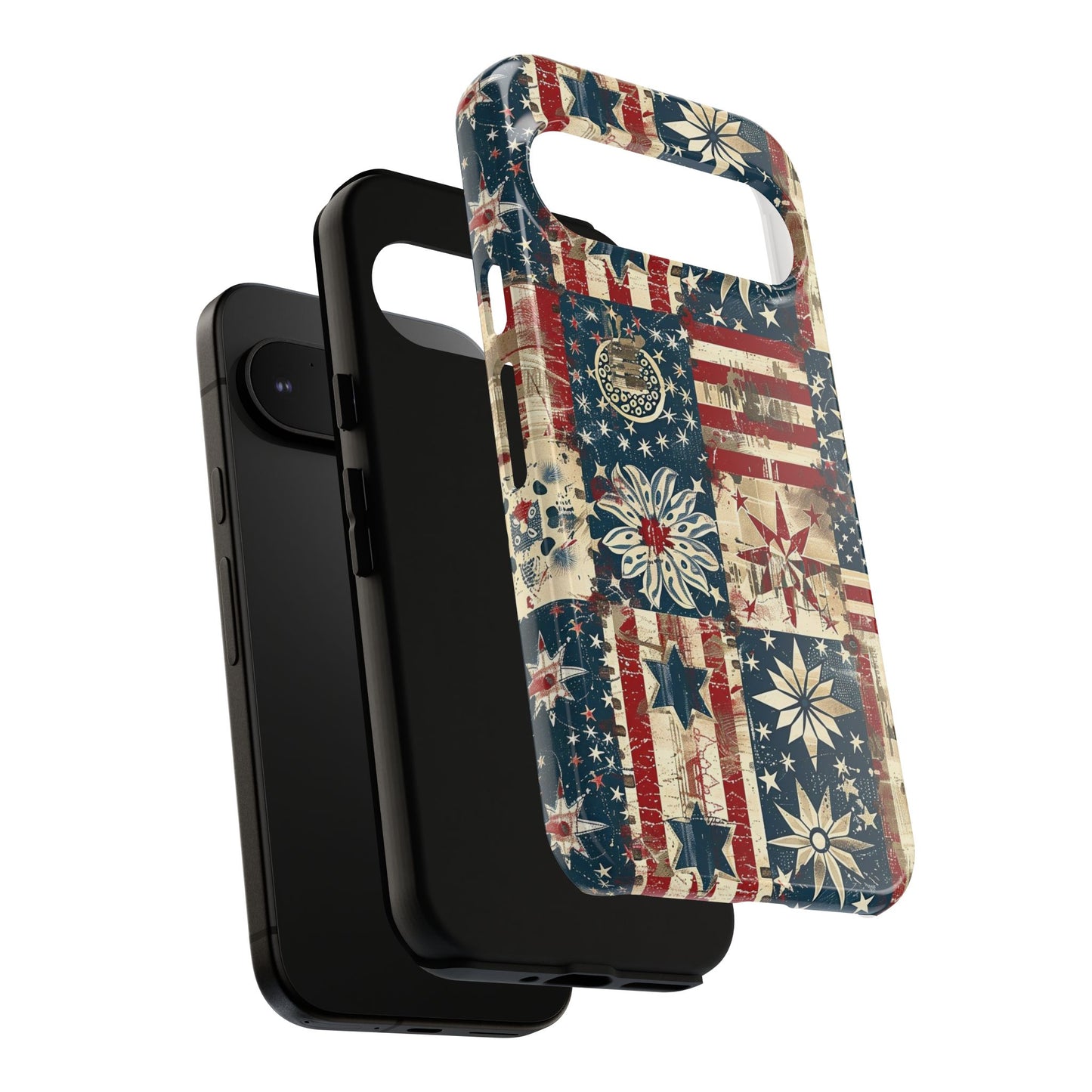Patriotic Patchwork Phone Case — Vintage American Flag Stars & Quilted Design