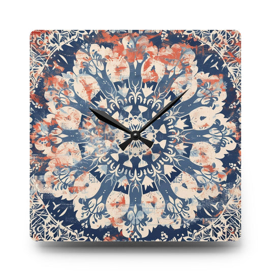 Boho Mandala Acrylic Wall Clock — Vintage Indigo & Coral Decorative Clock