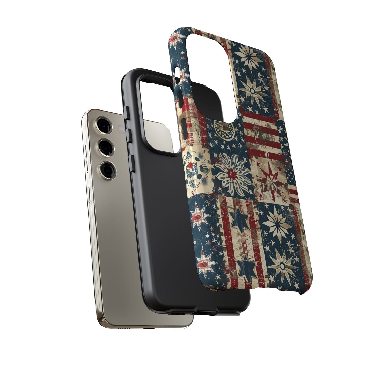Patriotic Patchwork Phone Case — Vintage American Flag Stars & Quilted Design