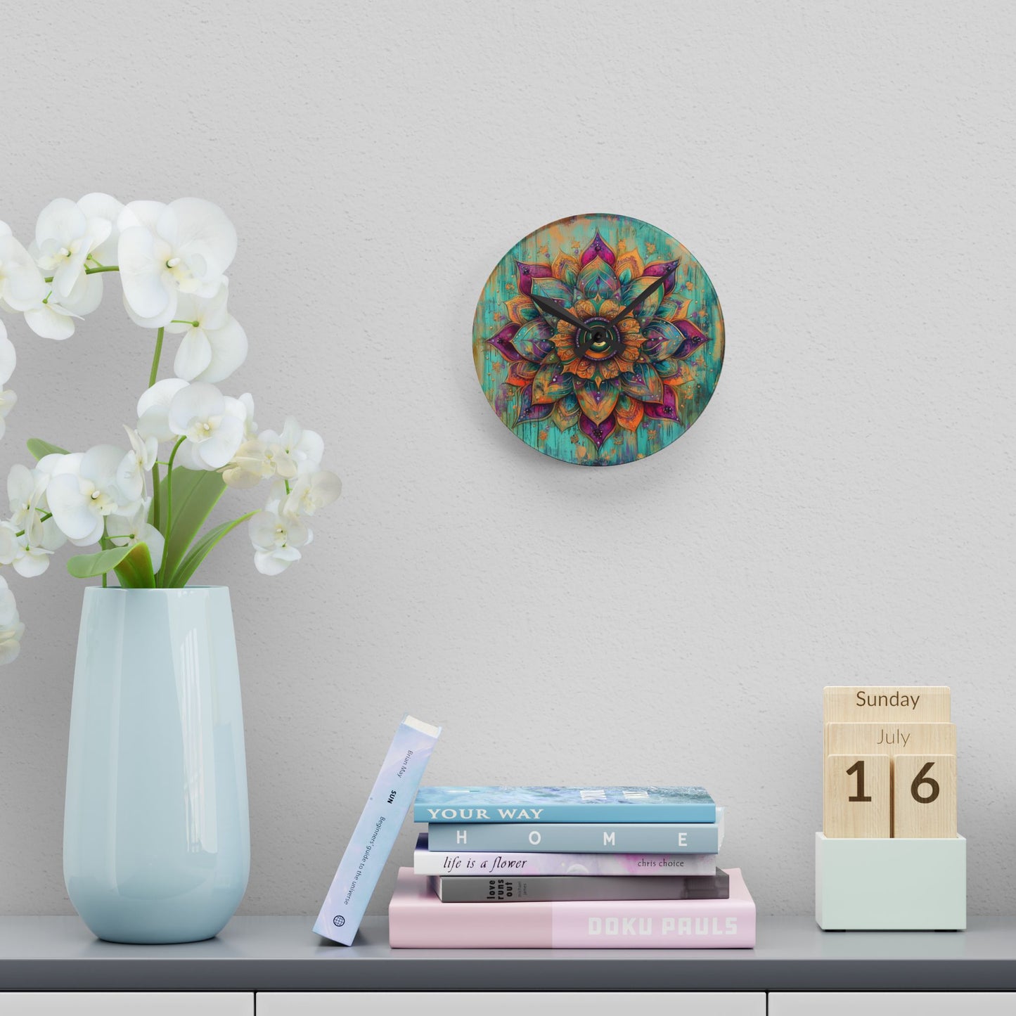 Mandala Acrylic Wall Clock — Boho Teal & Gold Decorative Clock