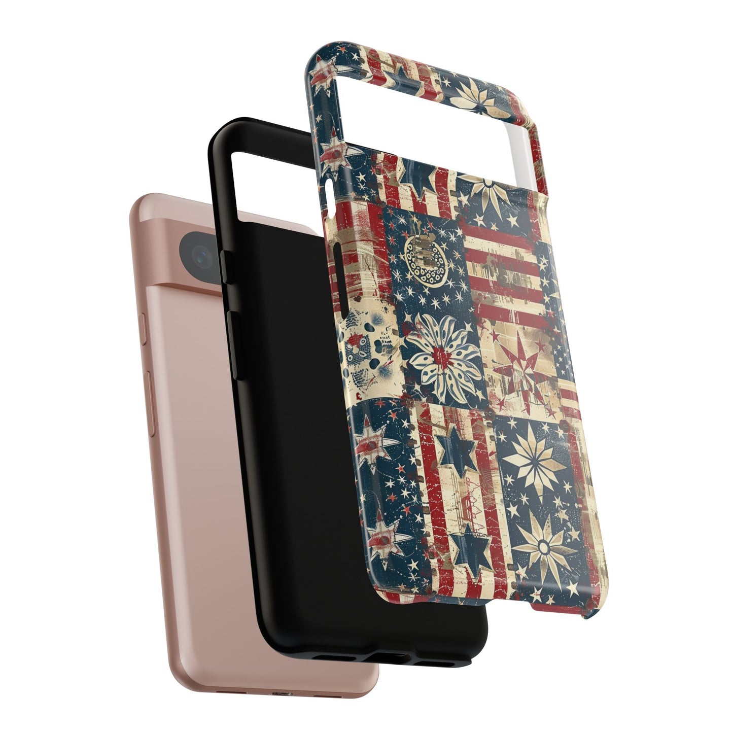 Patriotic Patchwork Phone Case — Vintage American Flag Stars & Quilted Design
