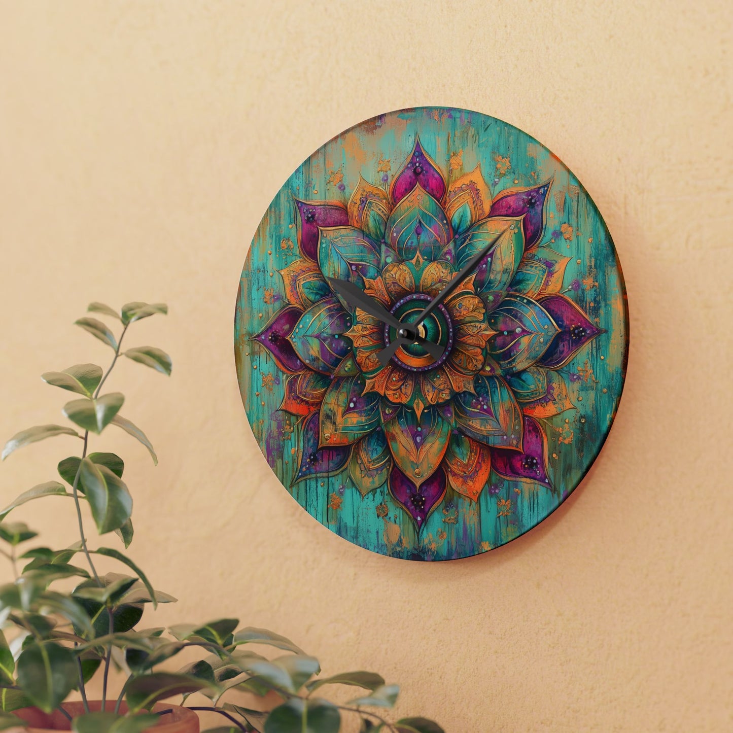 Mandala Acrylic Wall Clock — Boho Teal & Gold Decorative Clock