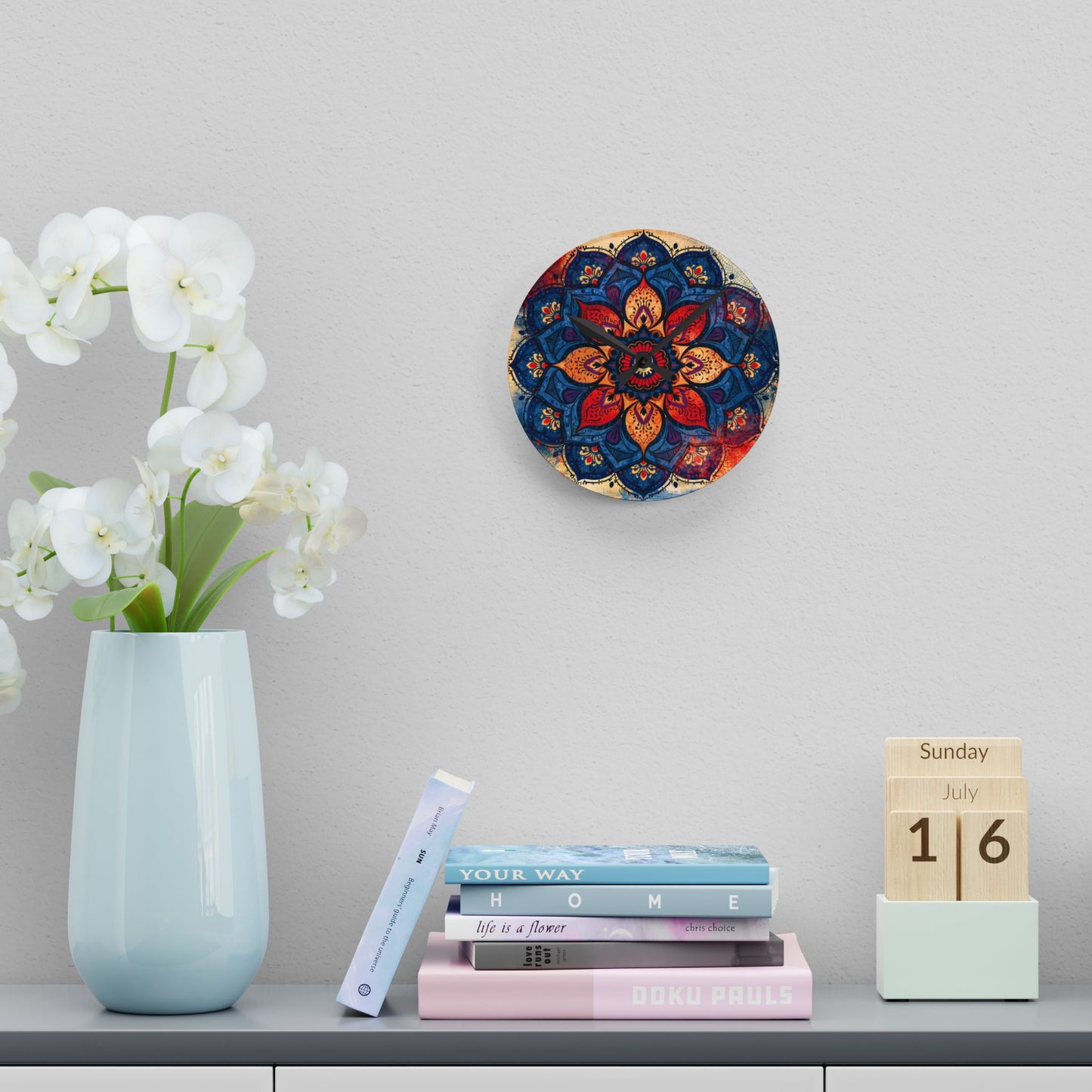 Mandala Acrylic Wall Clock — Colorful Boho Floral Timepiece