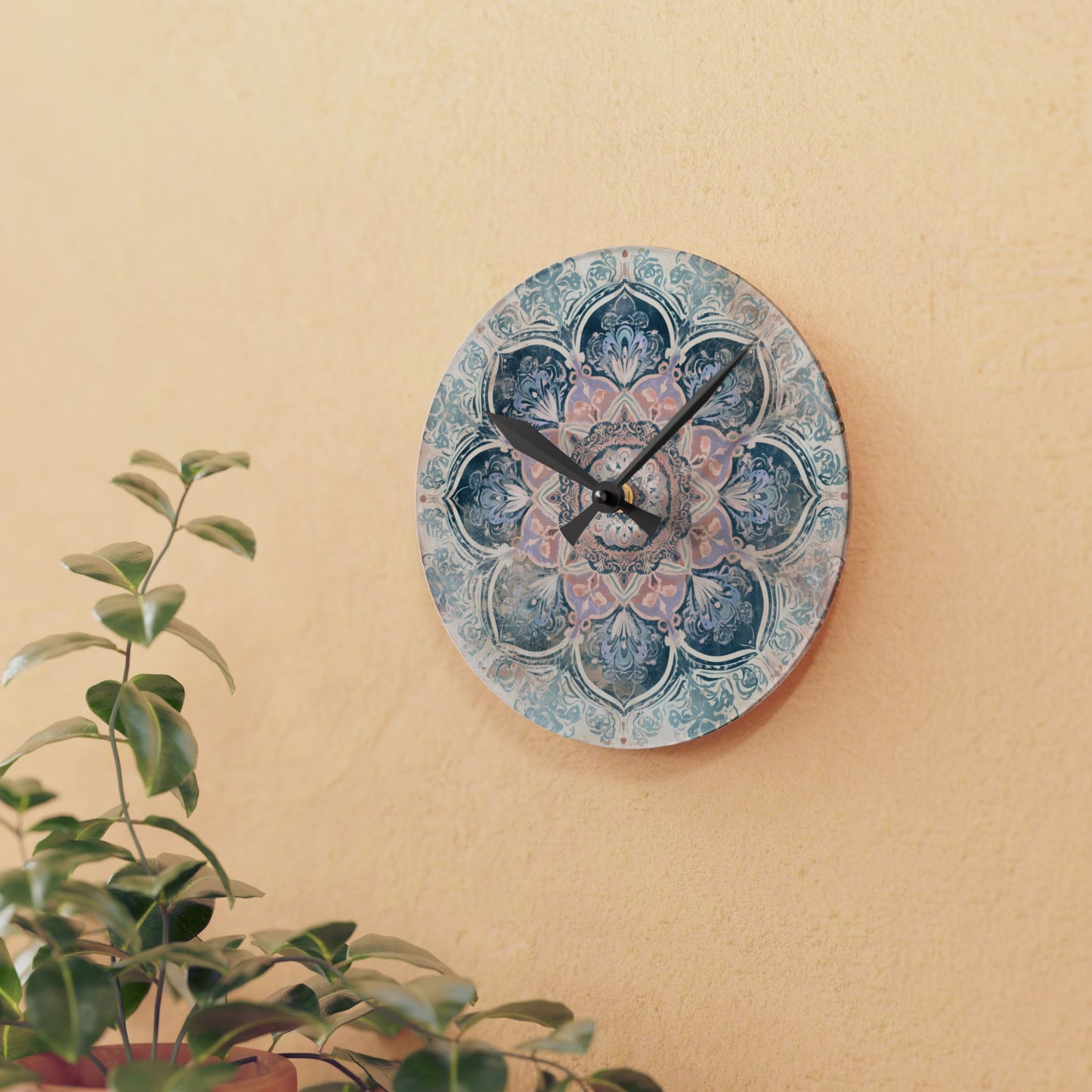 Boho Mandala Acrylic Wall Clock — Pastel Floral Decorative Clock