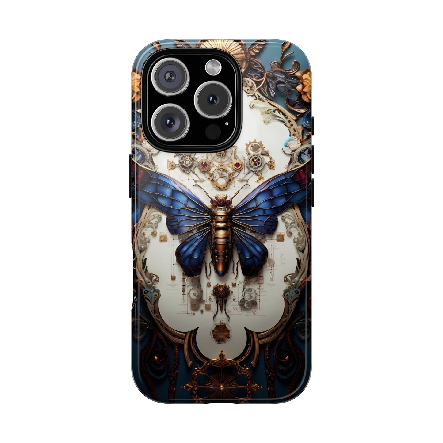 Blue Steampunk Cicada Tough Phone Case: Vintage Animatronic Insect Art for iPhone, Samsung Galaxy, and Google Pixel