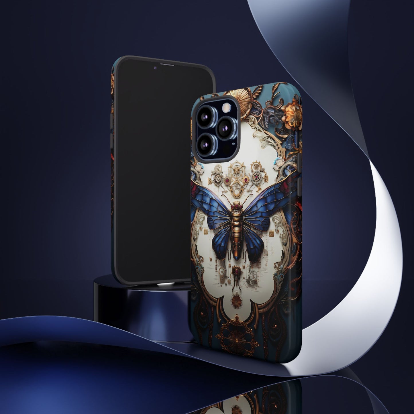 Blue Steampunk Cicada Tough Phone Case: Vintage Animatronic Insect Art for iPhone, Samsung Galaxy, and Google Pixel