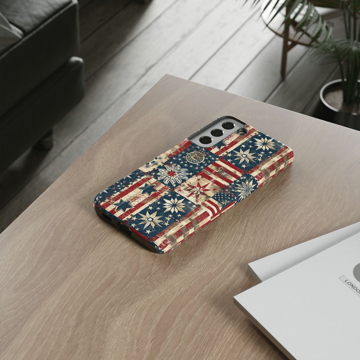 Patriotic Patchwork Phone Case — Vintage American Flag Stars & Quilted Design