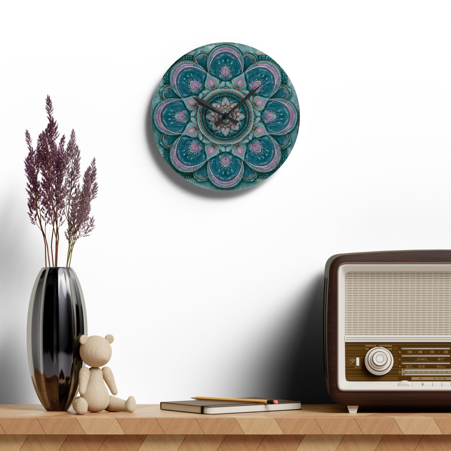 Mandala Acrylic Wall Clock – Teal & Pink Boho Decorative Clock