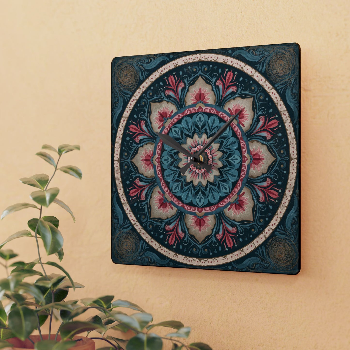 Bohemian Floral Mandala Acrylic Wall Clock — Decorative Home Accent