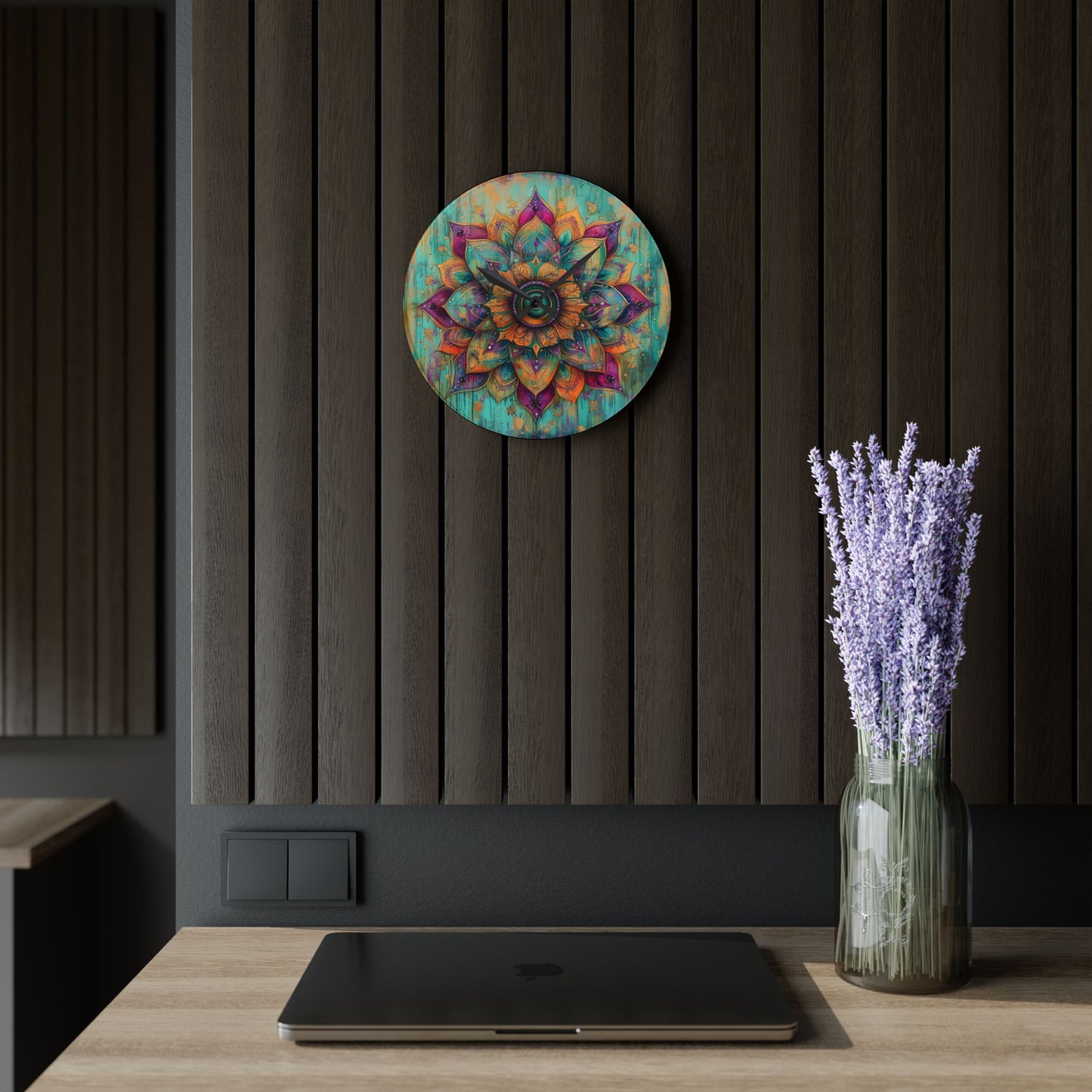Mandala Acrylic Wall Clock — Boho Teal & Gold Decorative Clock