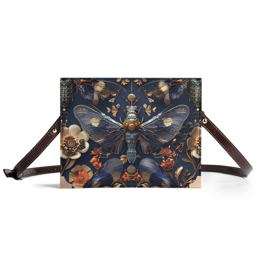 Steampunk Cicada Book Purse - Vintage-Inspired Navy Blue Crossbody Bag with Intricate Floral & Insect Design for Book Lovers