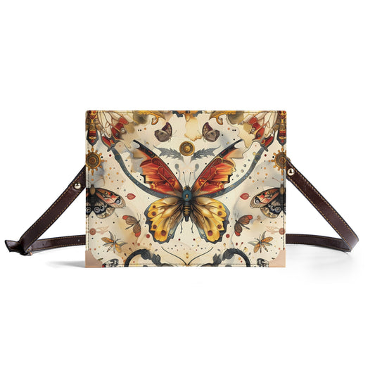 Steampunk Butterfly Book Cover Bag - Vintage-Inspired Crossbody for Book Lovers in Earthy Browns and Cream