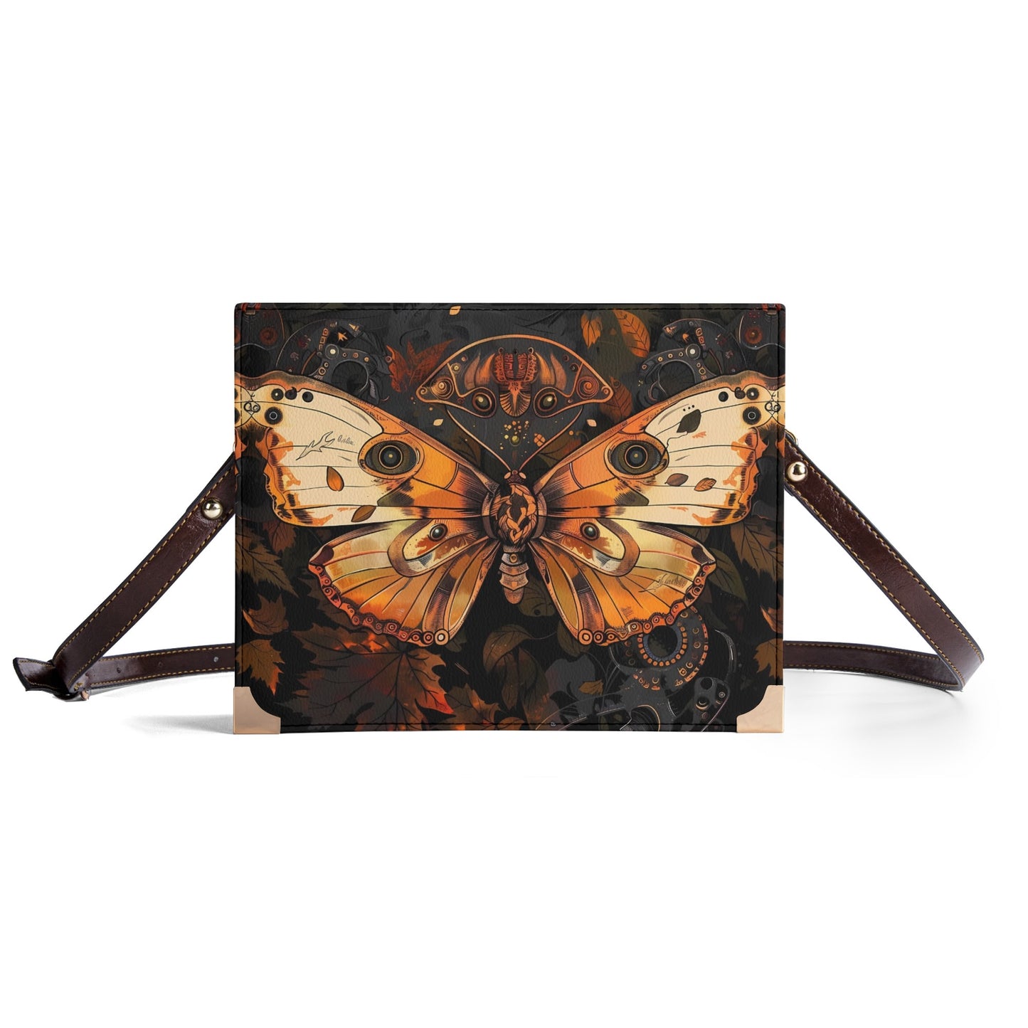 Steampunk Autumn Butterfly Book Cover Crossbody Bag – Perfect Fall Accessory for Book Lovers in Brown and Orange