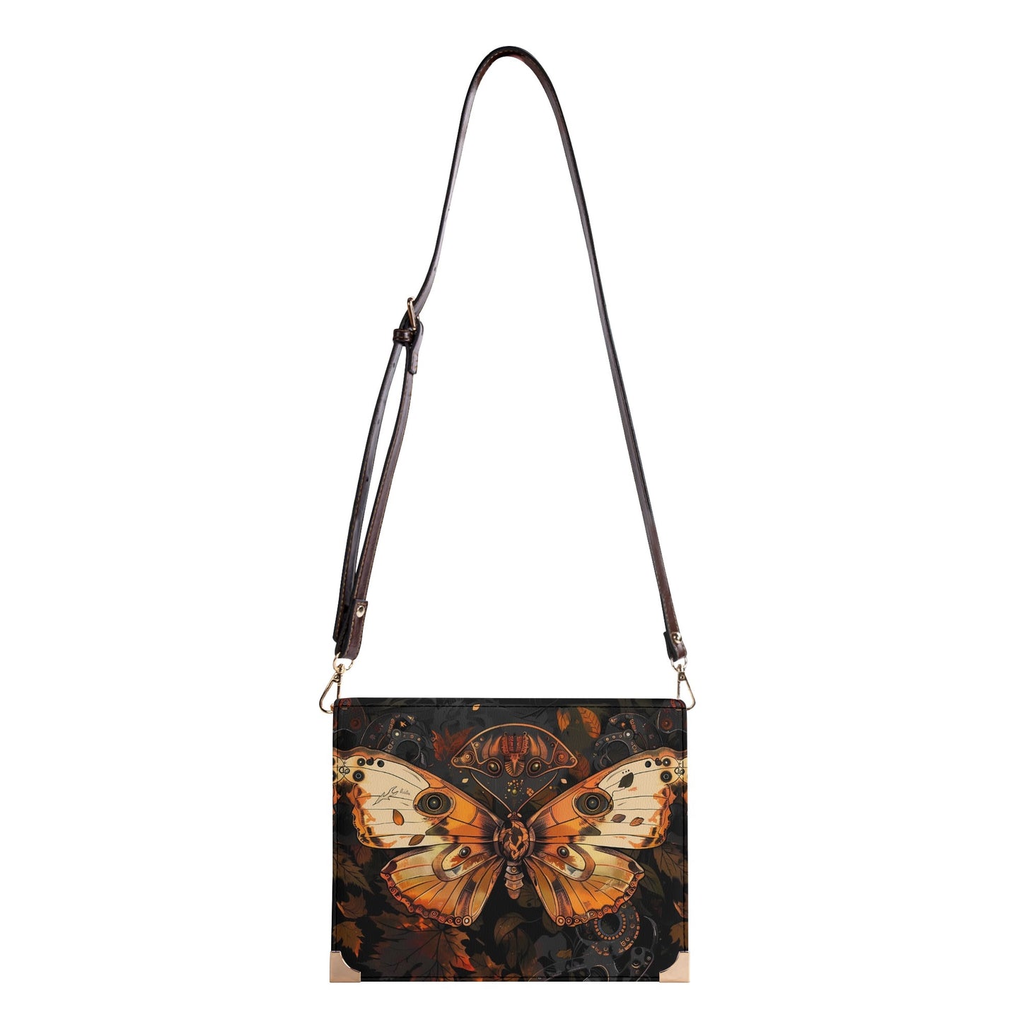 Steampunk Autumn Butterfly Book Cover Crossbody Bag – Perfect Fall Accessory for Book Lovers in Brown and Orange