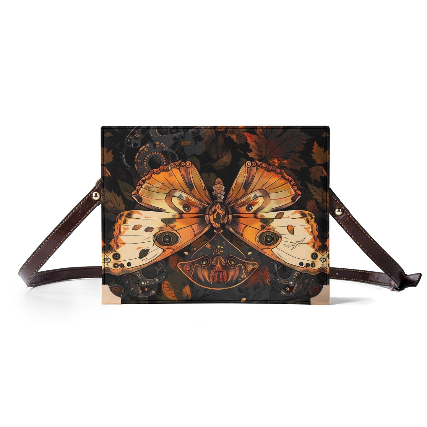 Steampunk Autumn Butterfly Book Cover Crossbody Bag – Perfect Fall Accessory for Book Lovers in Brown and Orange