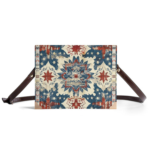 Primitive Americana Quilt-Inspired Book Cover Purse - Patriotic Folk Art Bible Cover Shoulder Bag in Red White and Blue