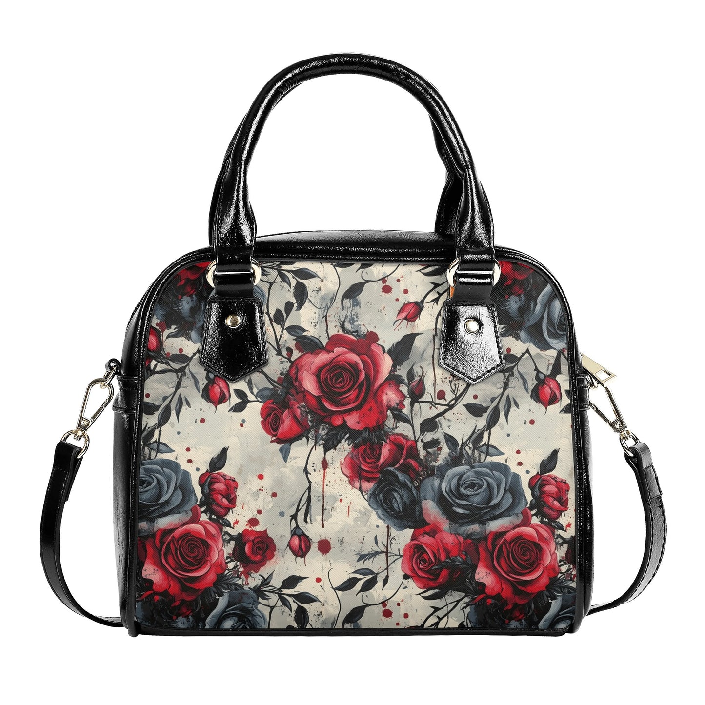 Dark Floral Handbag with Roses – Gothic Romantic Red & Black PU Leather Purse