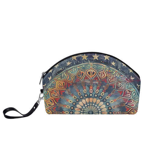 Americana Mandala Cosmetic Bag – PU Leather Zipper Clutch with Wrist Strap