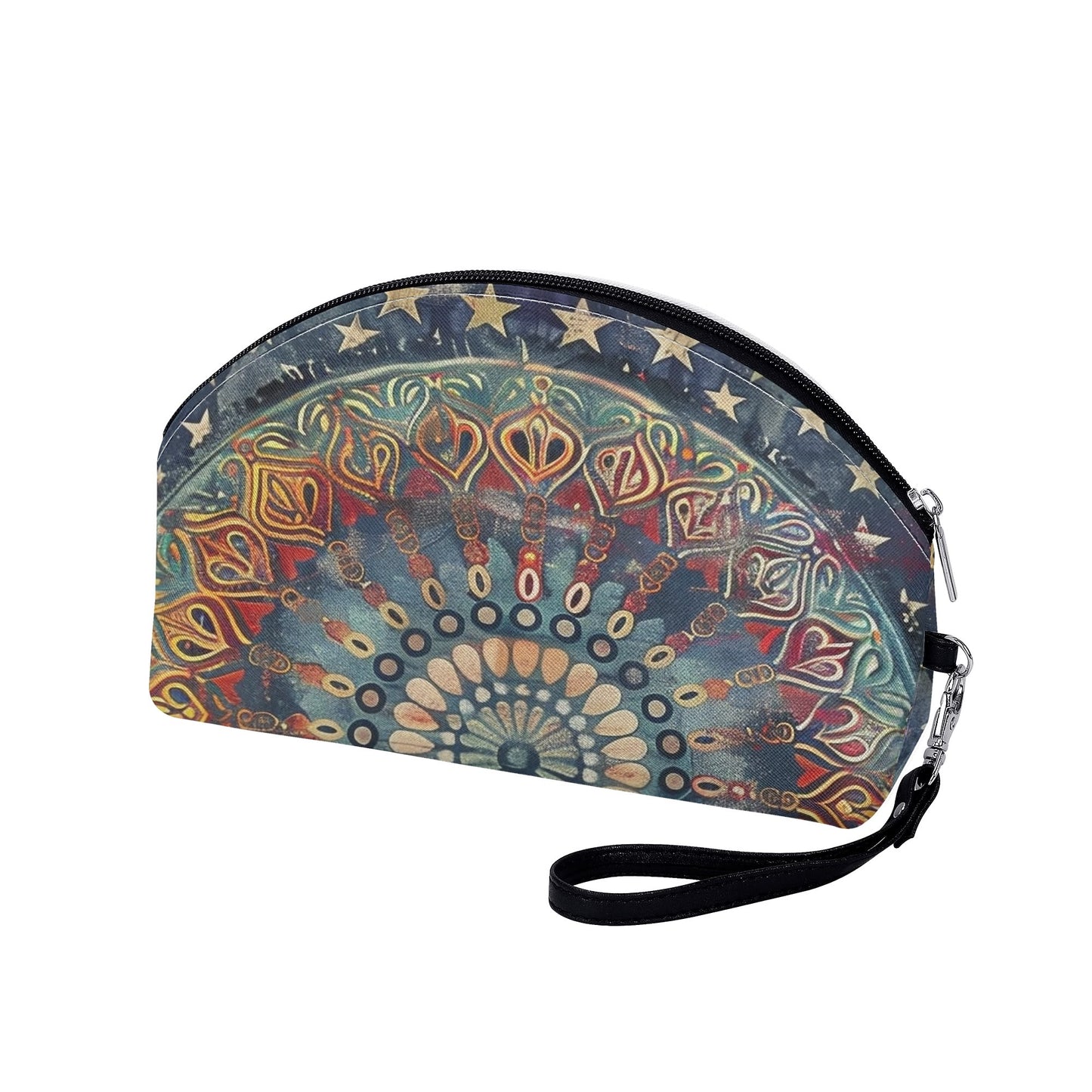 Americana Mandala Cosmetic Bag – PU Leather Zipper Clutch with Wrist Strap