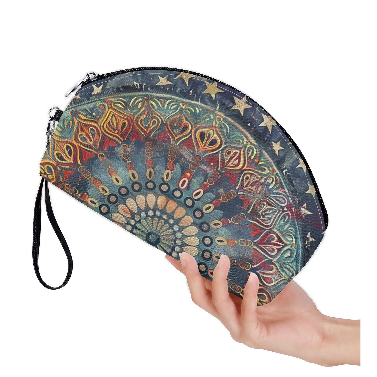 Americana Mandala Cosmetic Bag – PU Leather Zipper Clutch with Wrist Strap