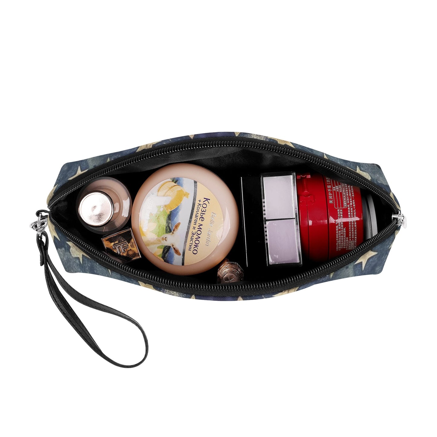 Americana Mandala Cosmetic Bag – PU Leather Zipper Clutch with Wrist Strap