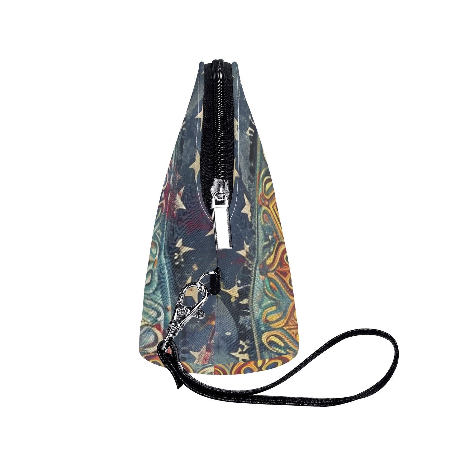 Americana Mandala Cosmetic Bag – PU Leather Zipper Clutch with Wrist Strap