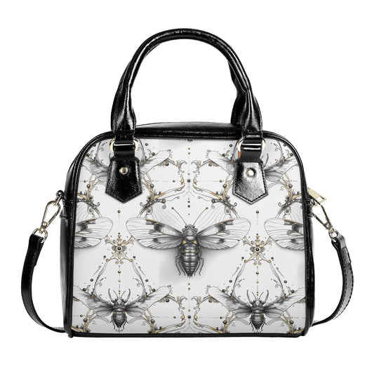 Black & White Vintage Insect Handbag - Elegant Gothic Bee Print PU Leather Crossbody Purse