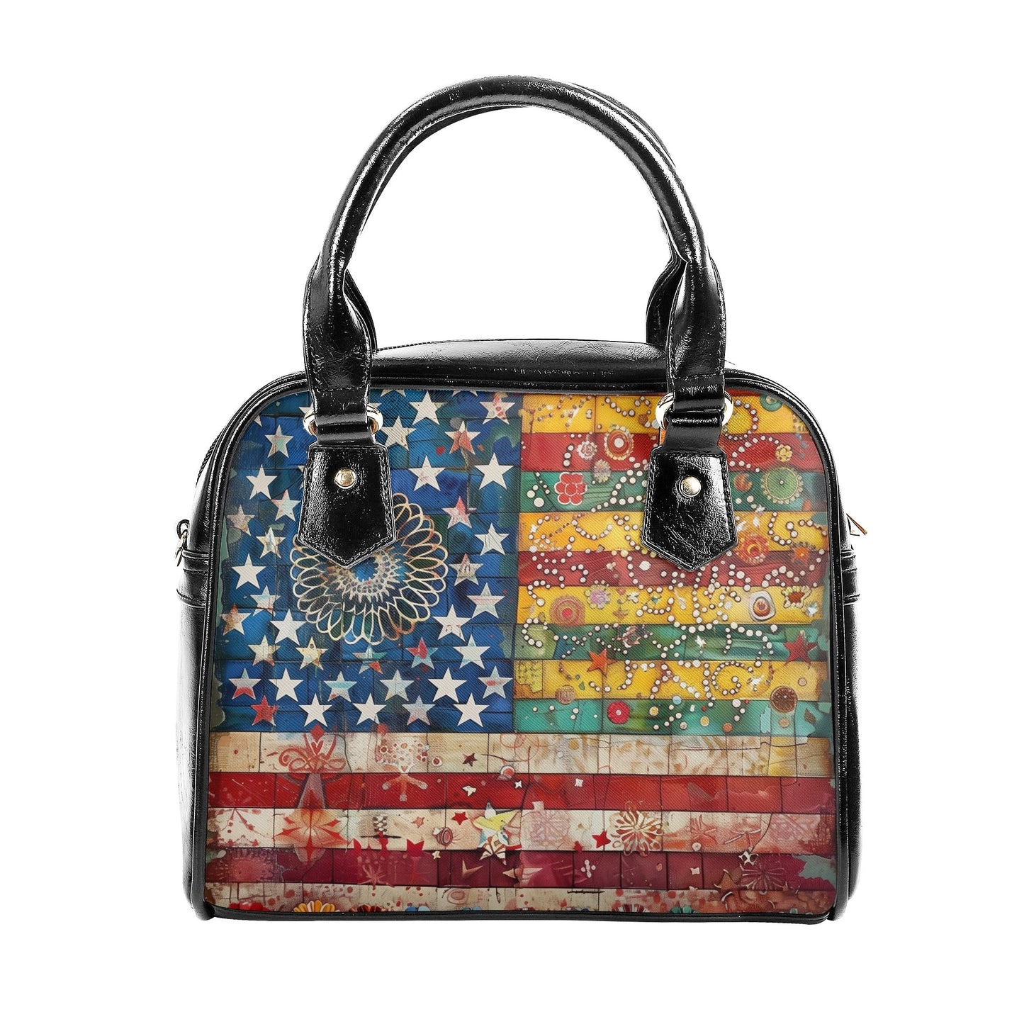 Colorful Americana Patchwork Handbag – Vibrant Boho Flag Design