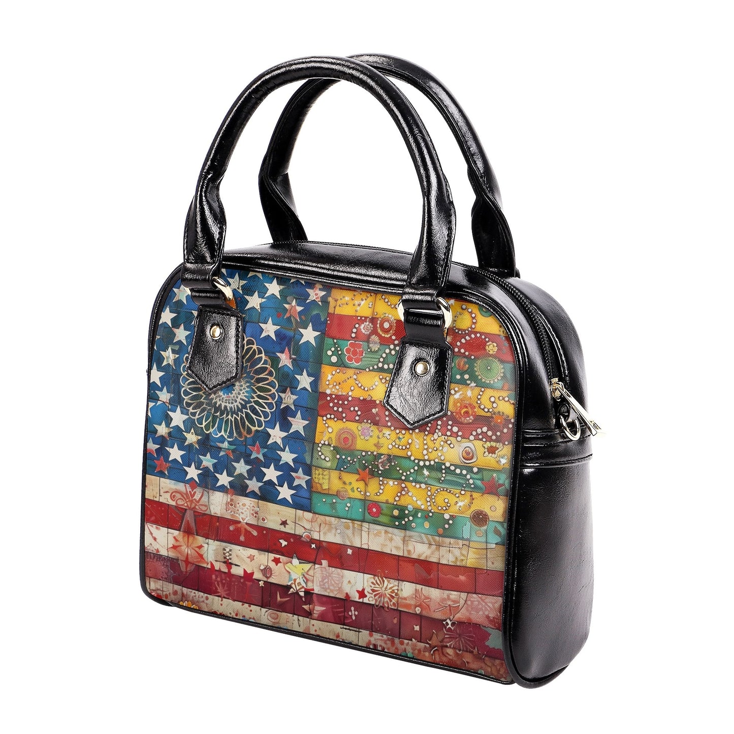 Colorful Americana Patchwork Handbag – Vibrant Boho Flag Design