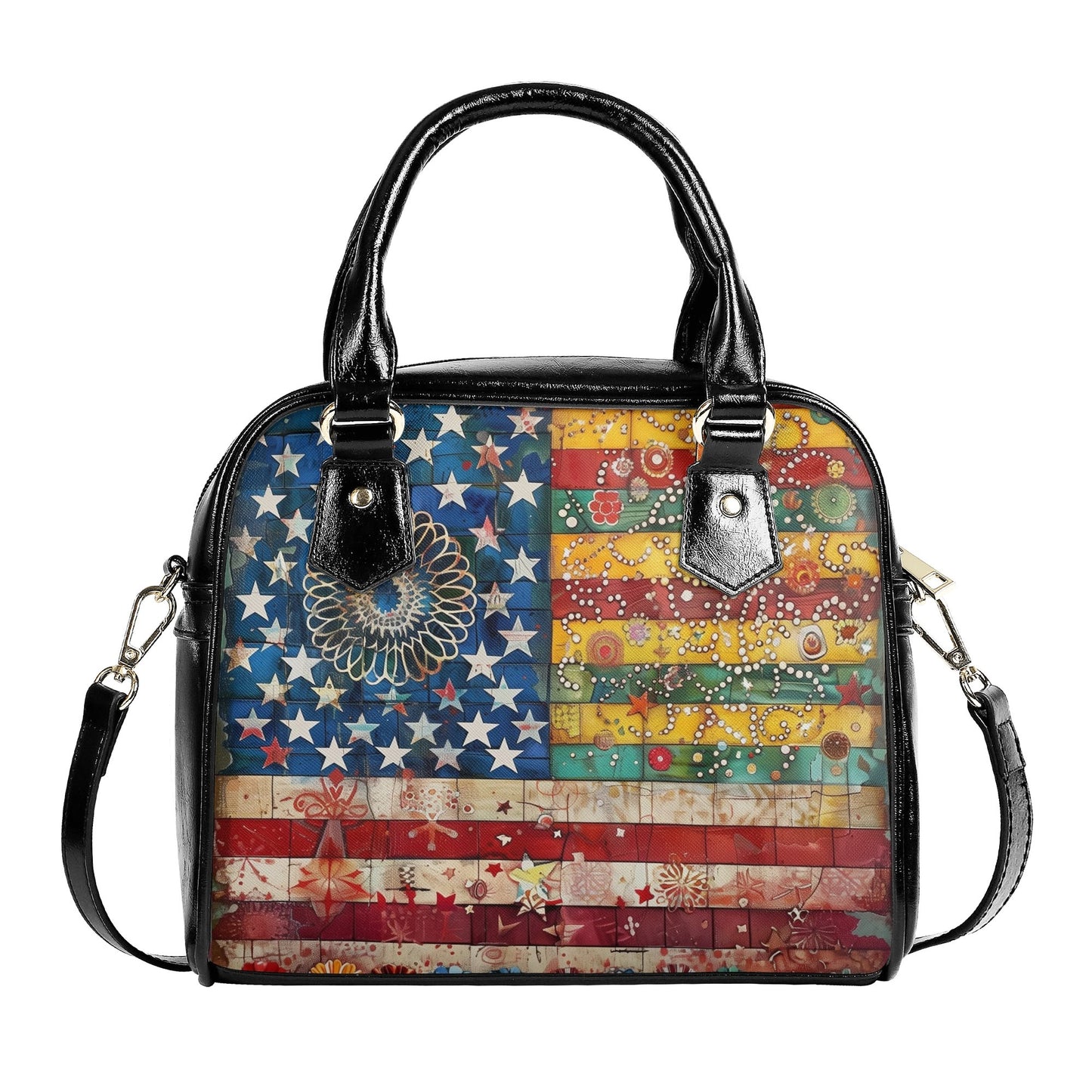 Colorful Americana Patchwork Handbag – Vibrant Boho Flag Design