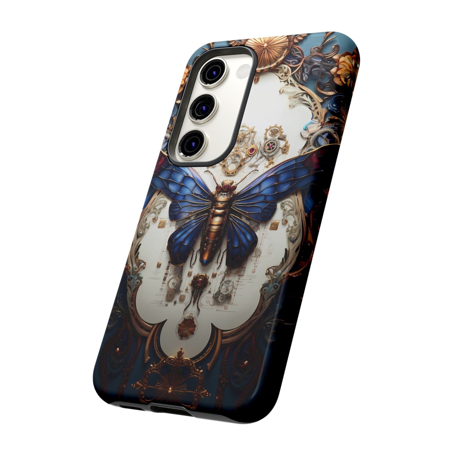 Blue Steampunk Cicada Tough Phone Case: Vintage Animatronic Insect Art for iPhone, Samsung Galaxy, and Google Pixel