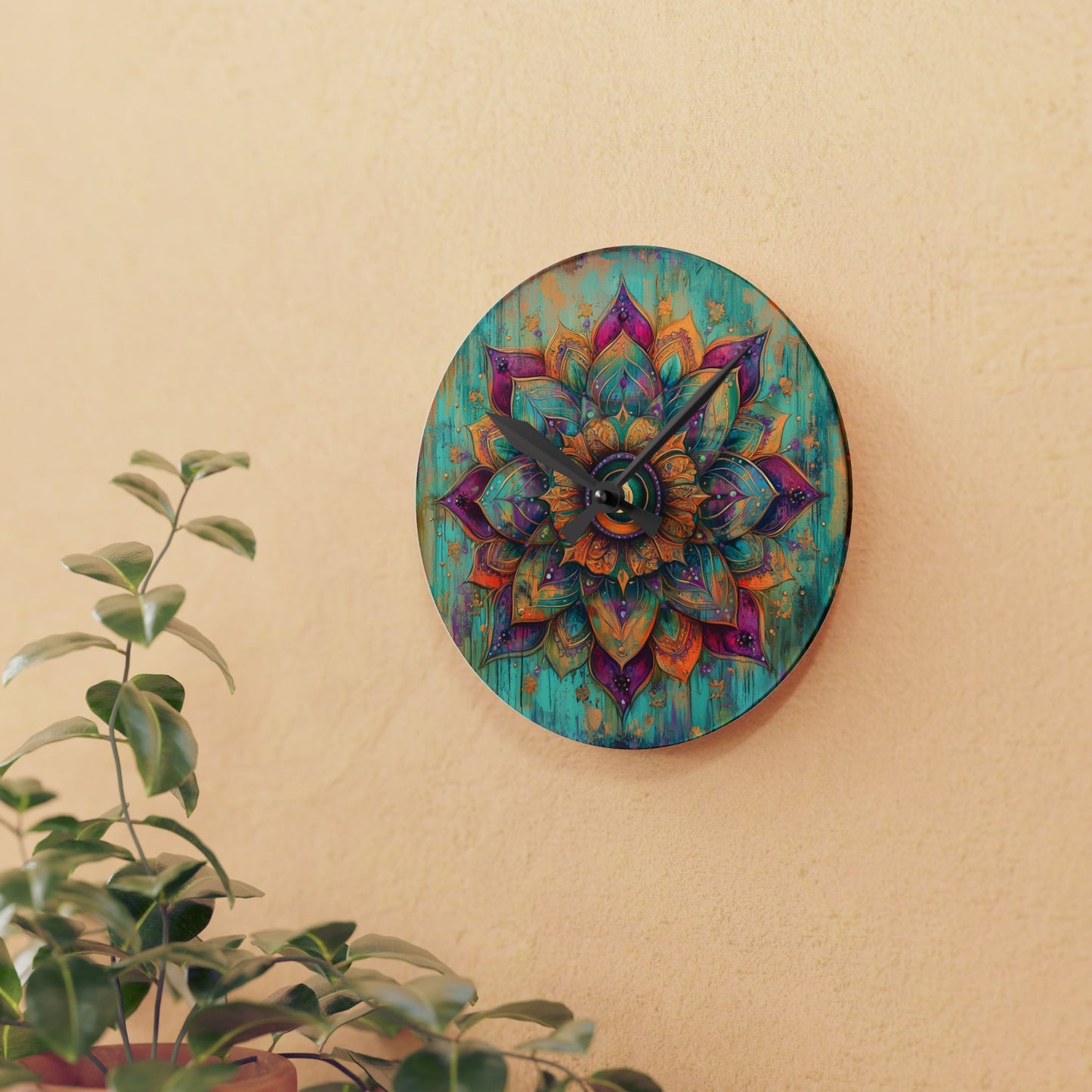 Mandala Acrylic Wall Clock — Boho Teal & Gold Decorative Clock
