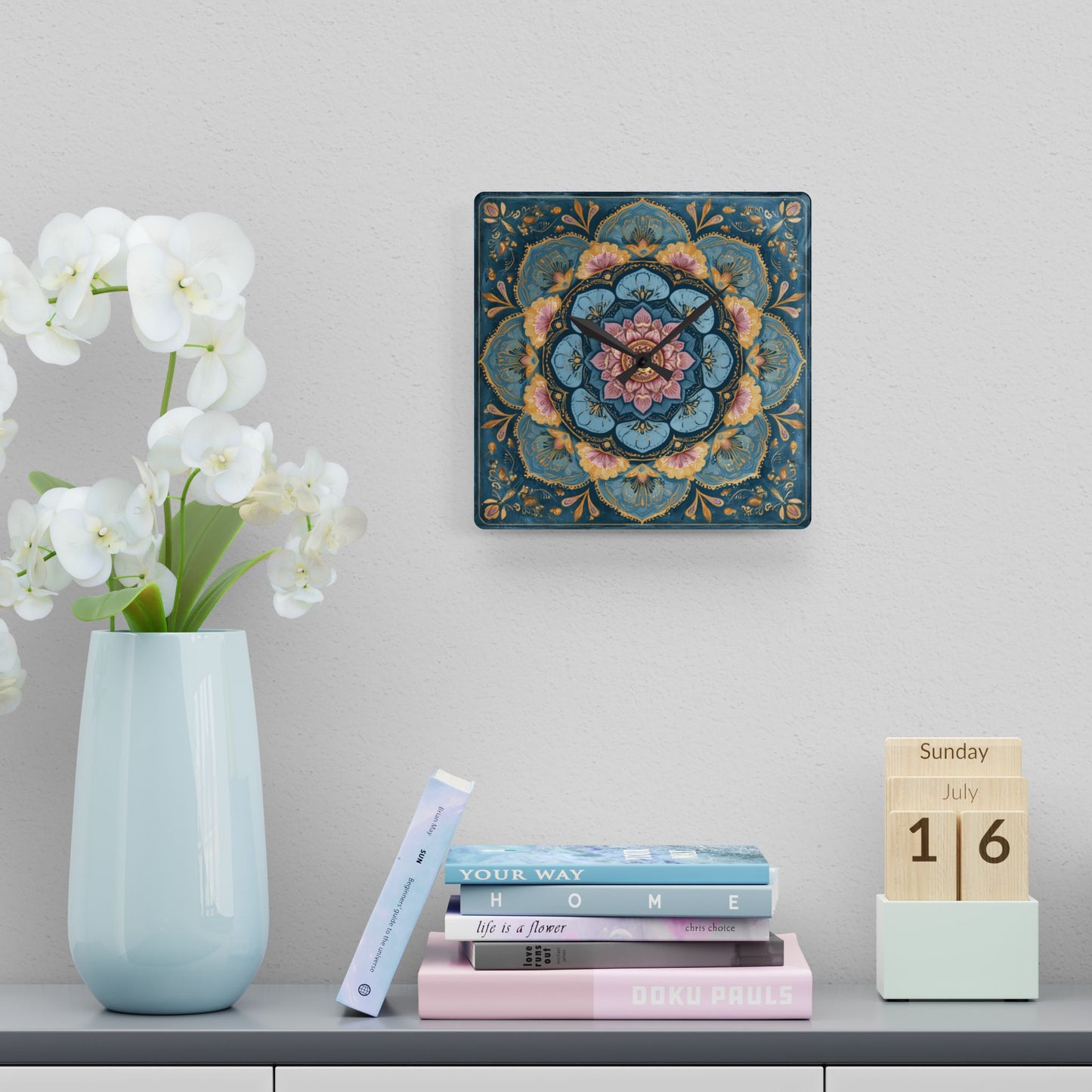 Mandala Floral Acrylic Wall Clock — Boho Decorative Home Clock