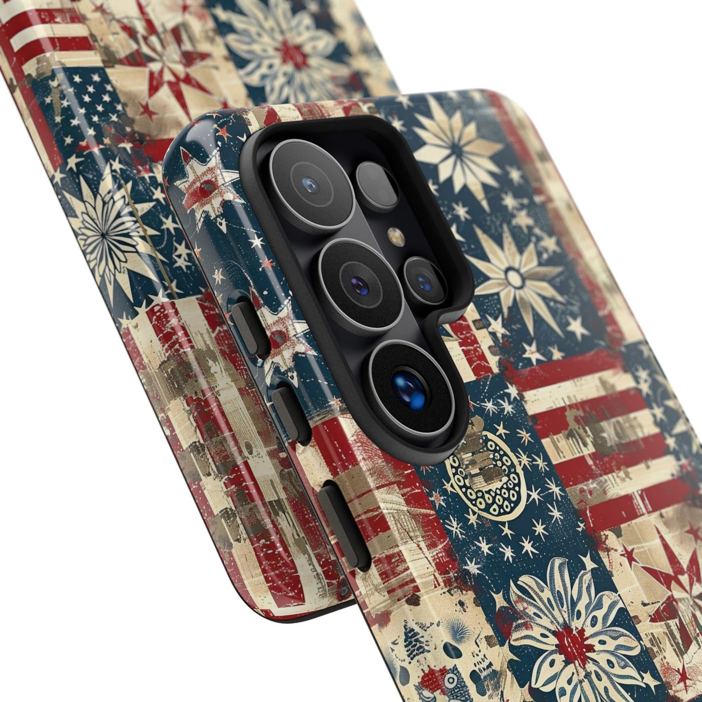 Patriotic Patchwork Phone Case — Vintage American Flag Stars & Quilted Design