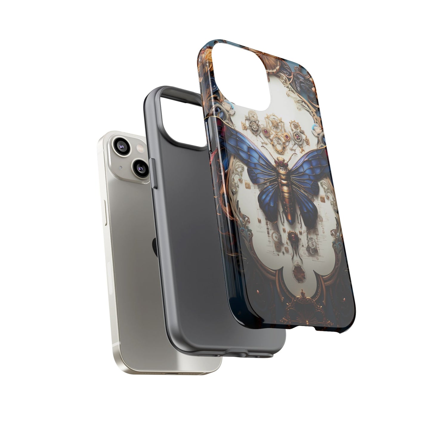 Blue Steampunk Cicada Tough Phone Case: Vintage Animatronic Insect Art for iPhone, Samsung Galaxy, and Google Pixel