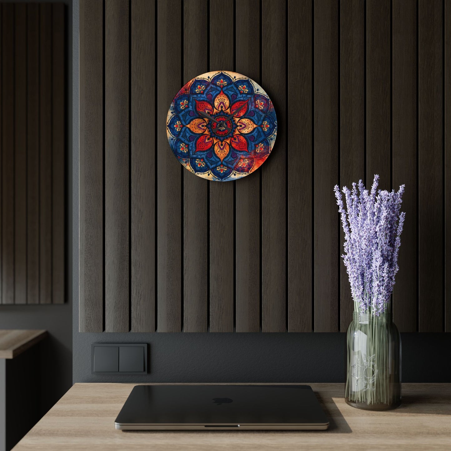 Mandala Acrylic Wall Clock — Colorful Boho Floral Timepiece