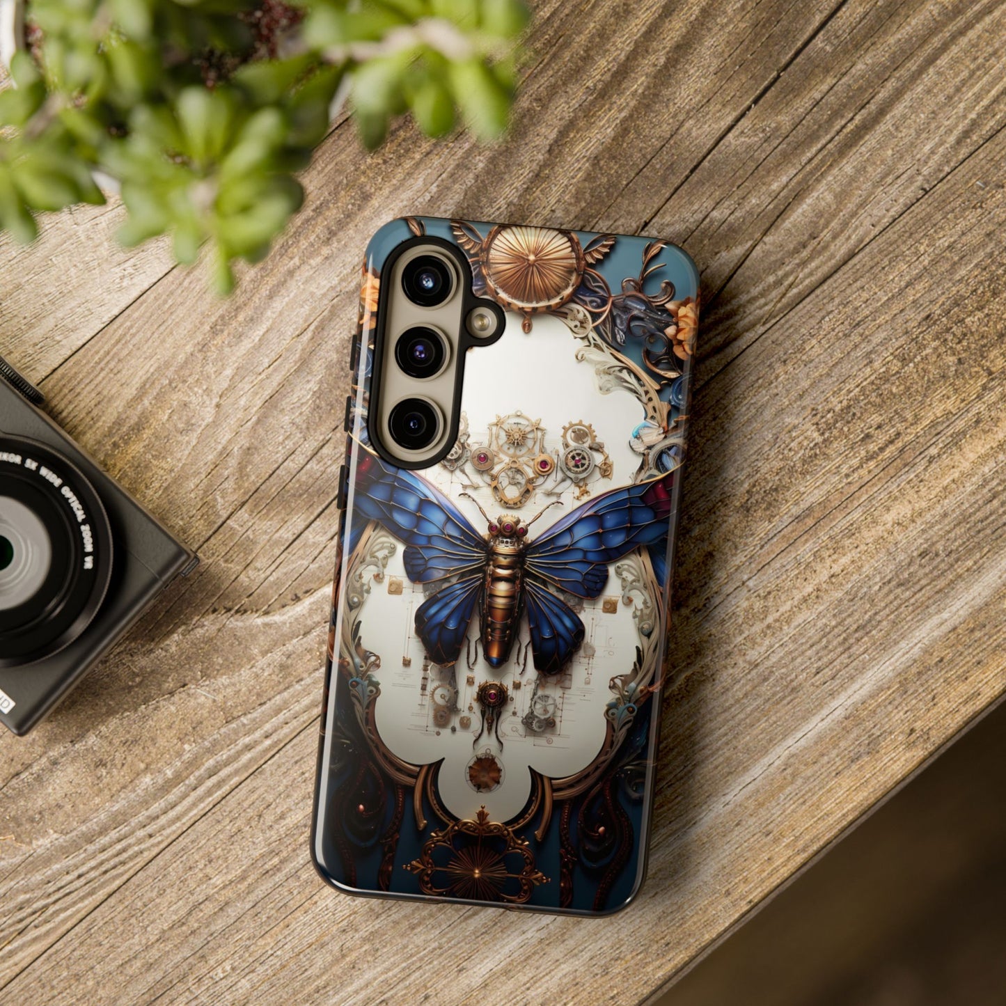 Blue Steampunk Cicada Tough Phone Case: Vintage Animatronic Insect Art for iPhone, Samsung Galaxy, and Google Pixel