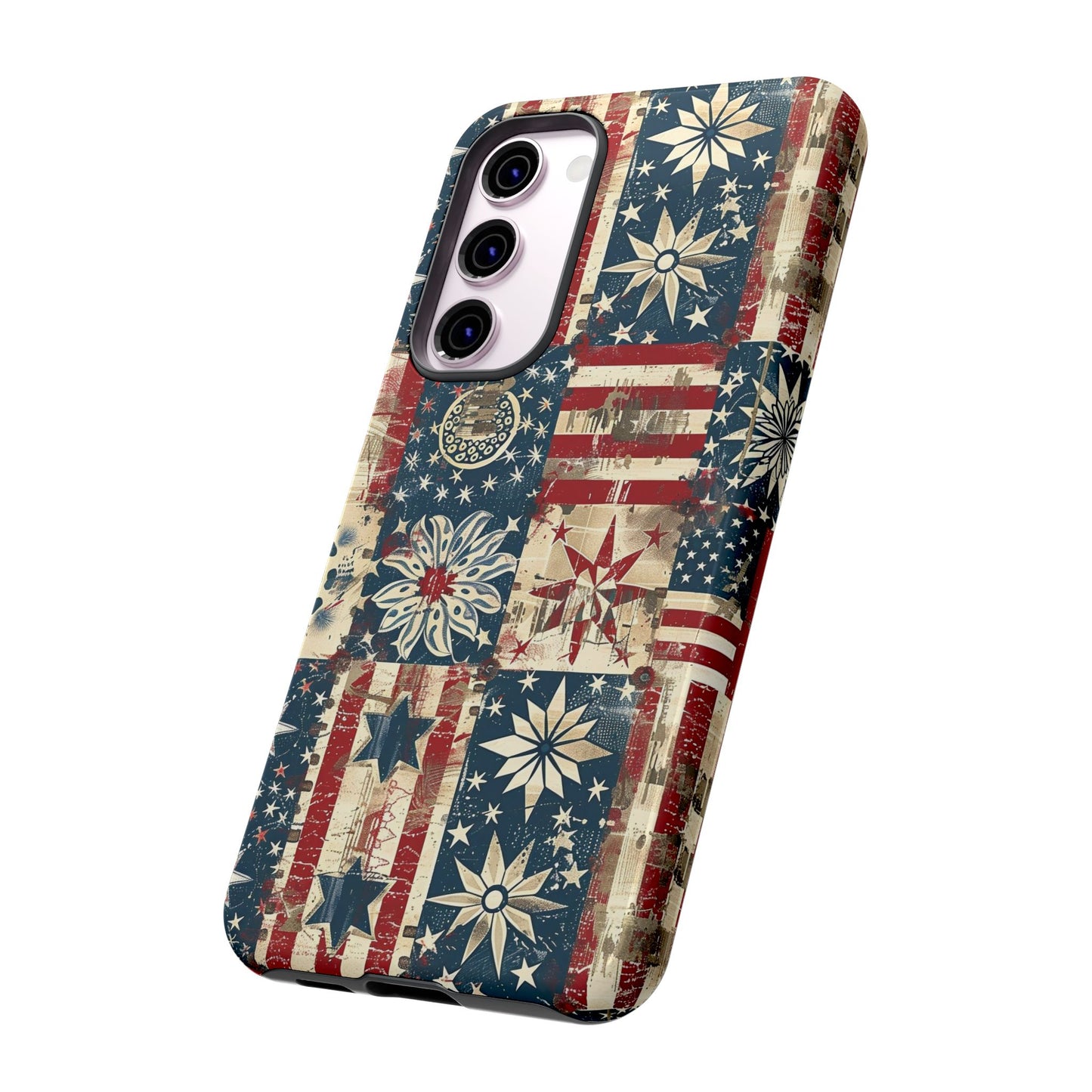 Patriotic Patchwork Phone Case — Vintage American Flag Stars & Quilted Design
