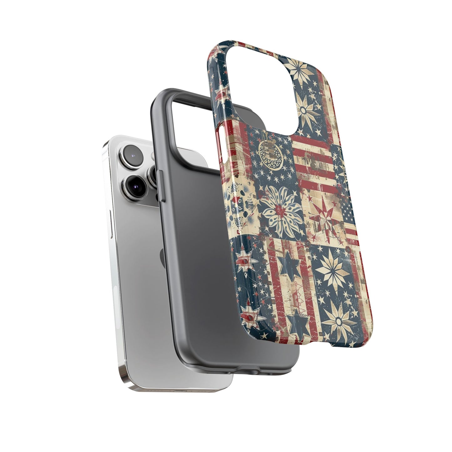 Patriotic Patchwork Phone Case — Vintage American Flag Stars & Quilted Design