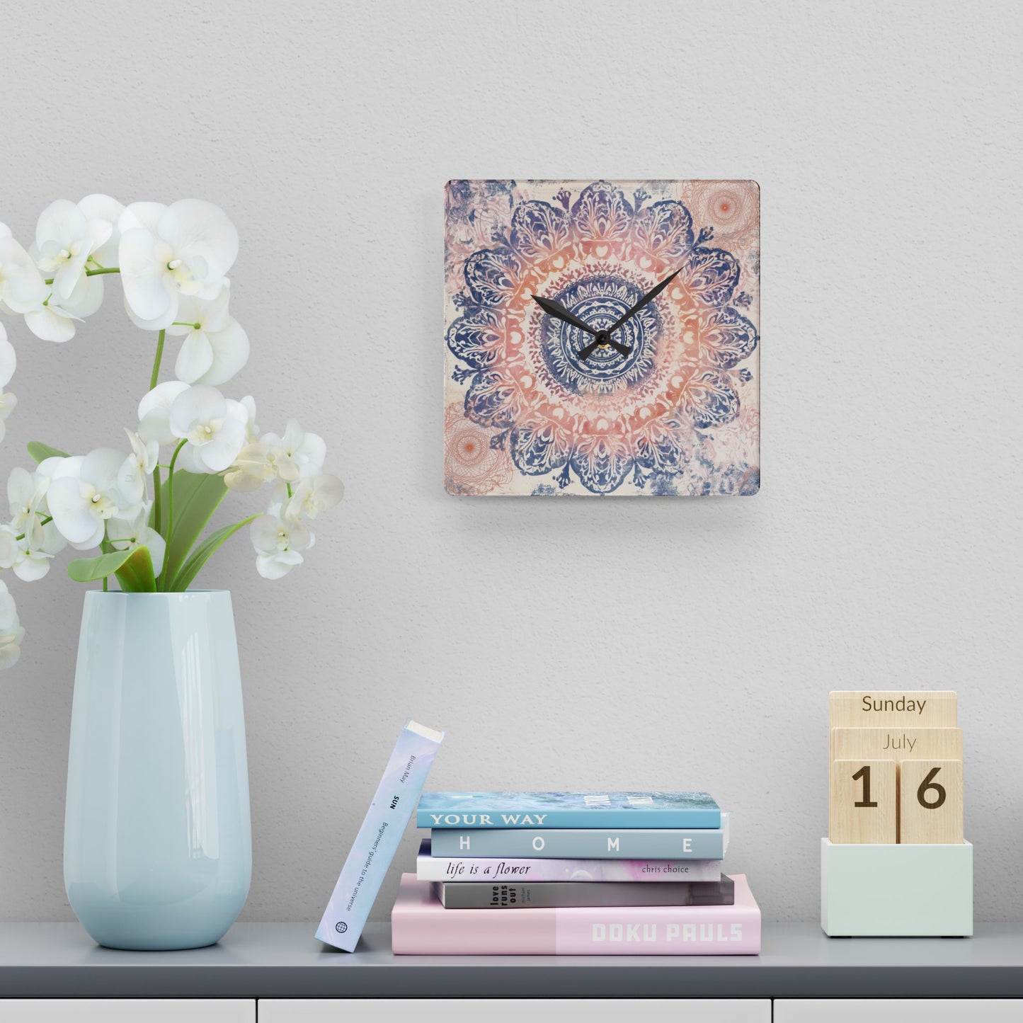 Mandala Acrylic Wall Clock — Boho Peach & Navy Decorative Clock