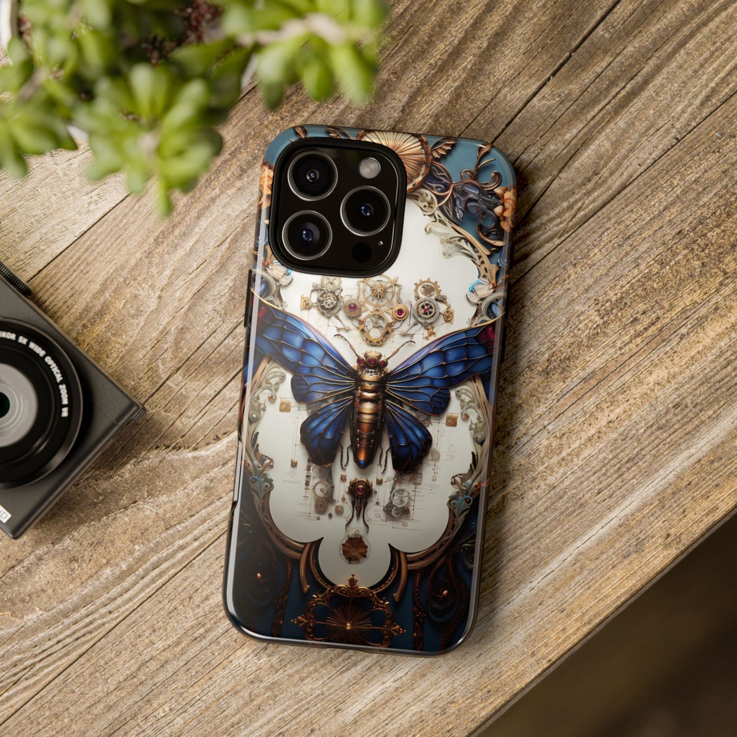 Blue Steampunk Cicada Tough Phone Case: Vintage Animatronic Insect Art for iPhone, Samsung Galaxy, and Google Pixel