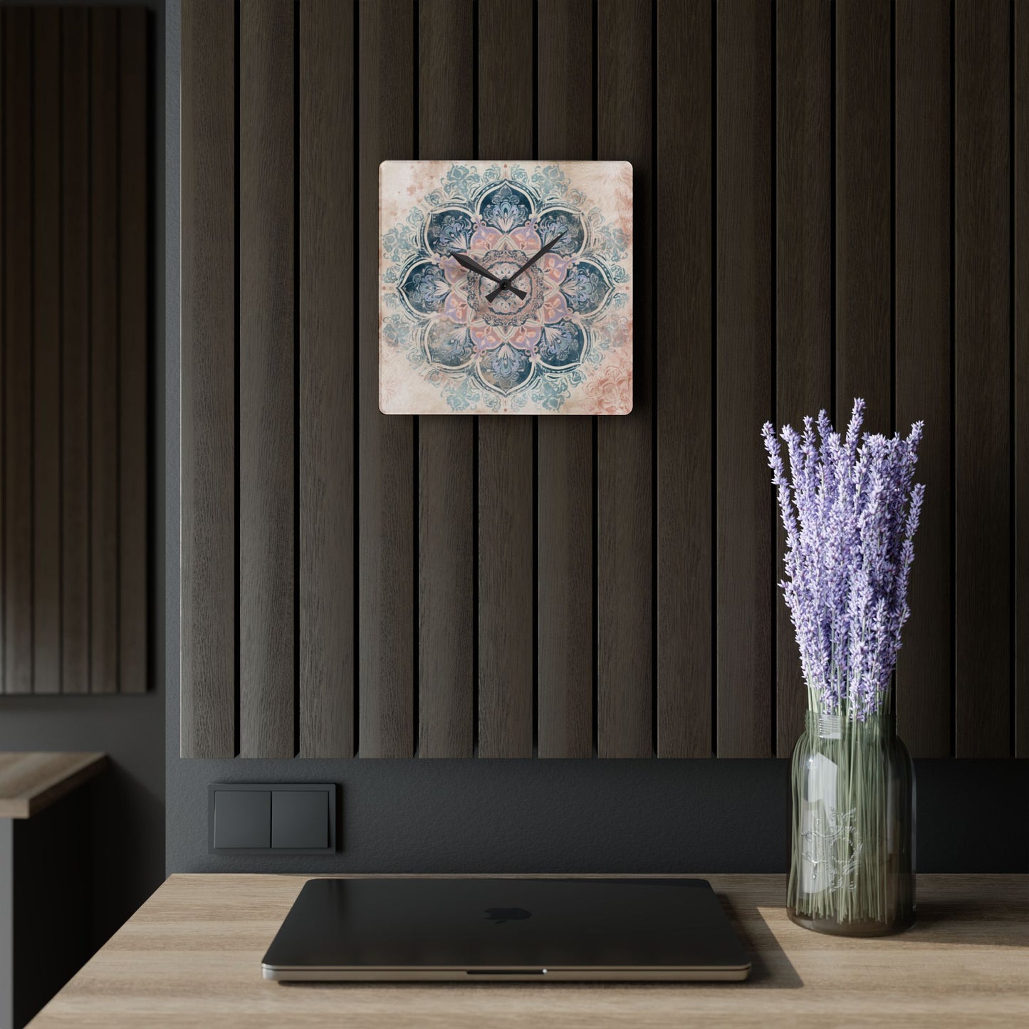 Boho Mandala Acrylic Wall Clock — Pastel Floral Decorative Clock