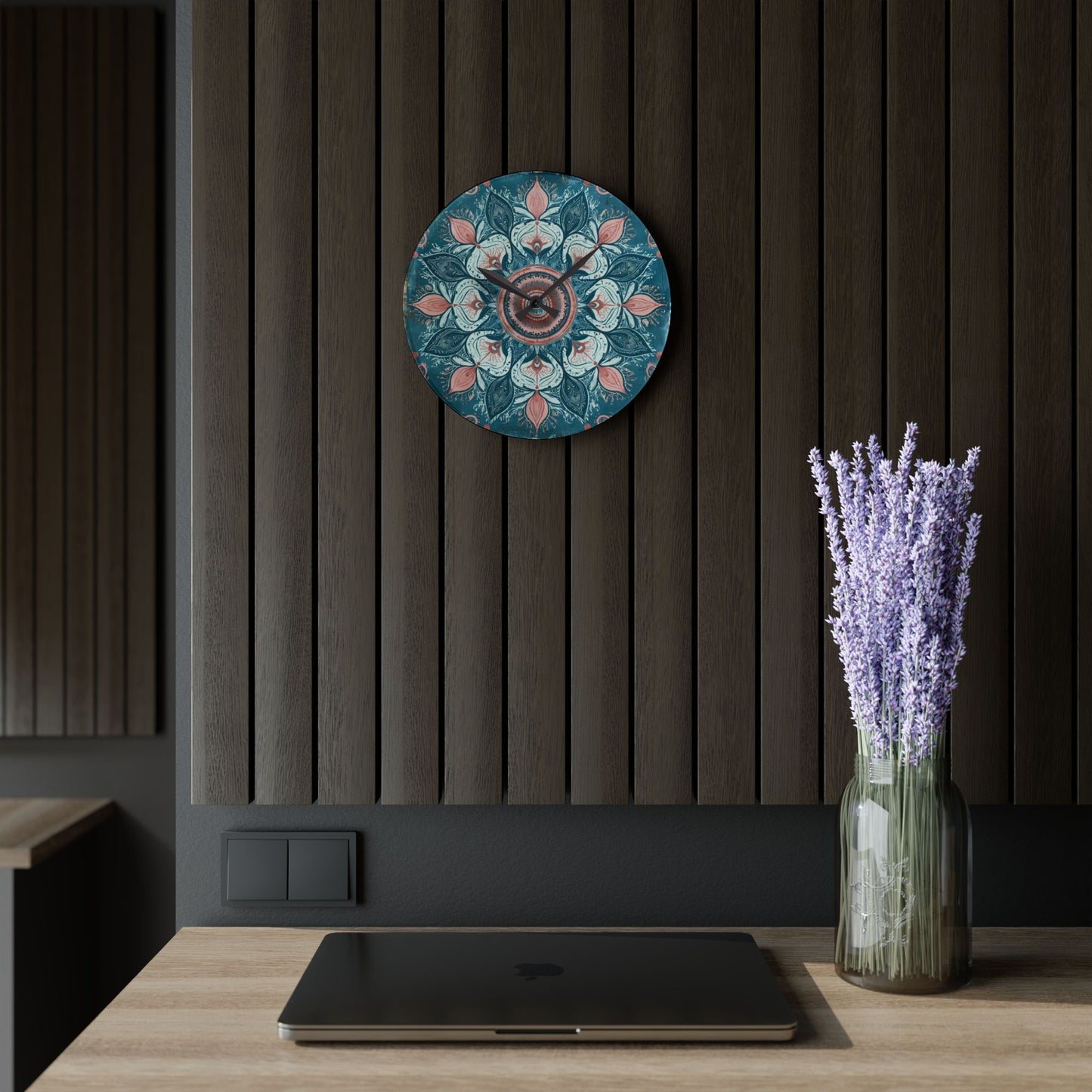 Mandala Floral Acrylic Wall Clock — Teal & Coral Boho Home Decor