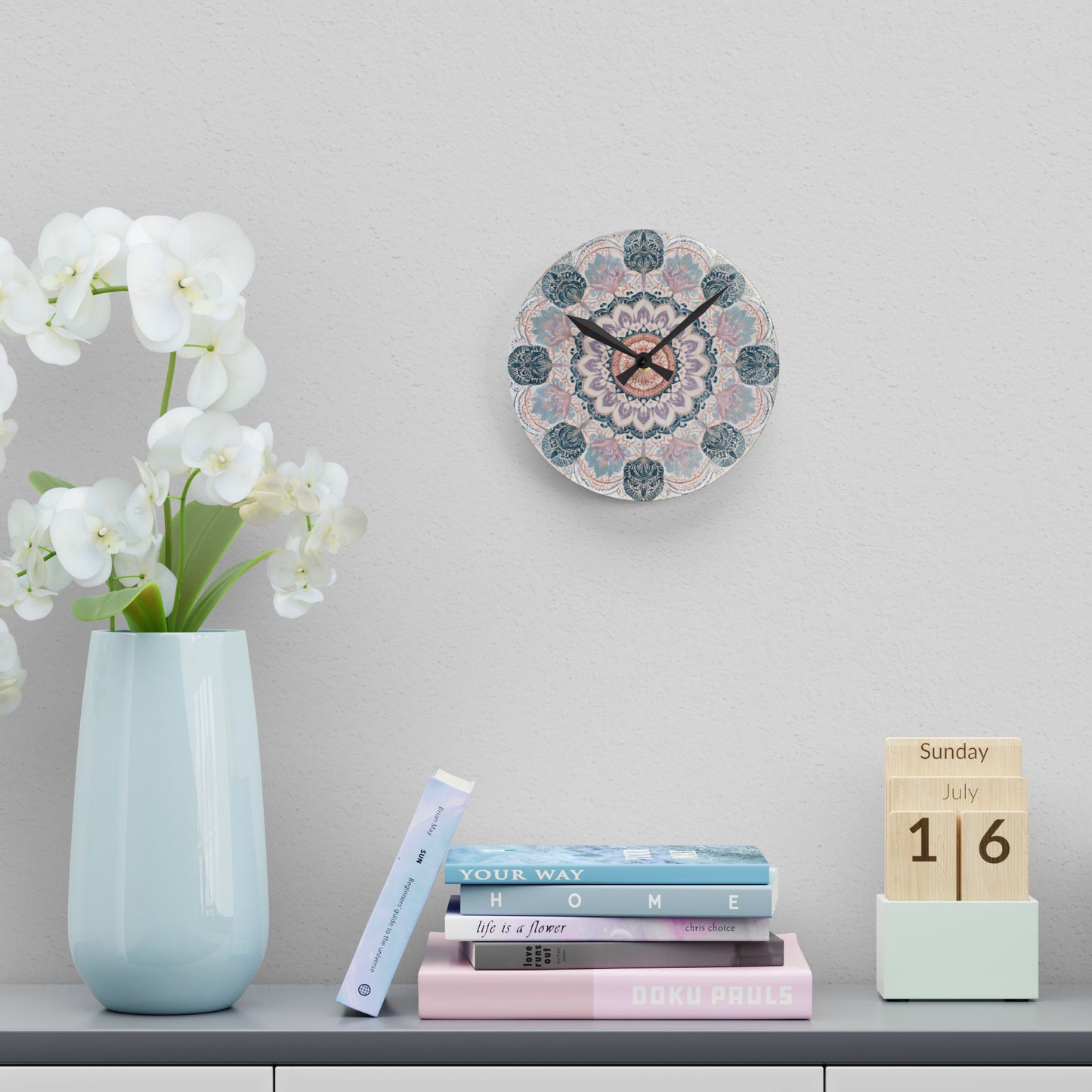 Mandala Acrylic Wall Clock — Boho Floral Decorative Clock