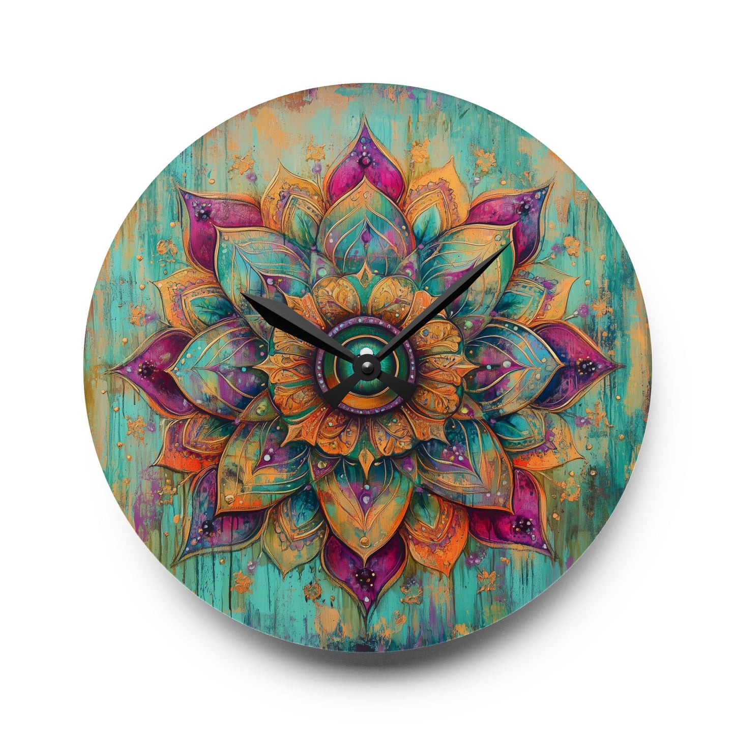 Mandala Acrylic Wall Clock — Boho Teal & Gold Decorative Clock