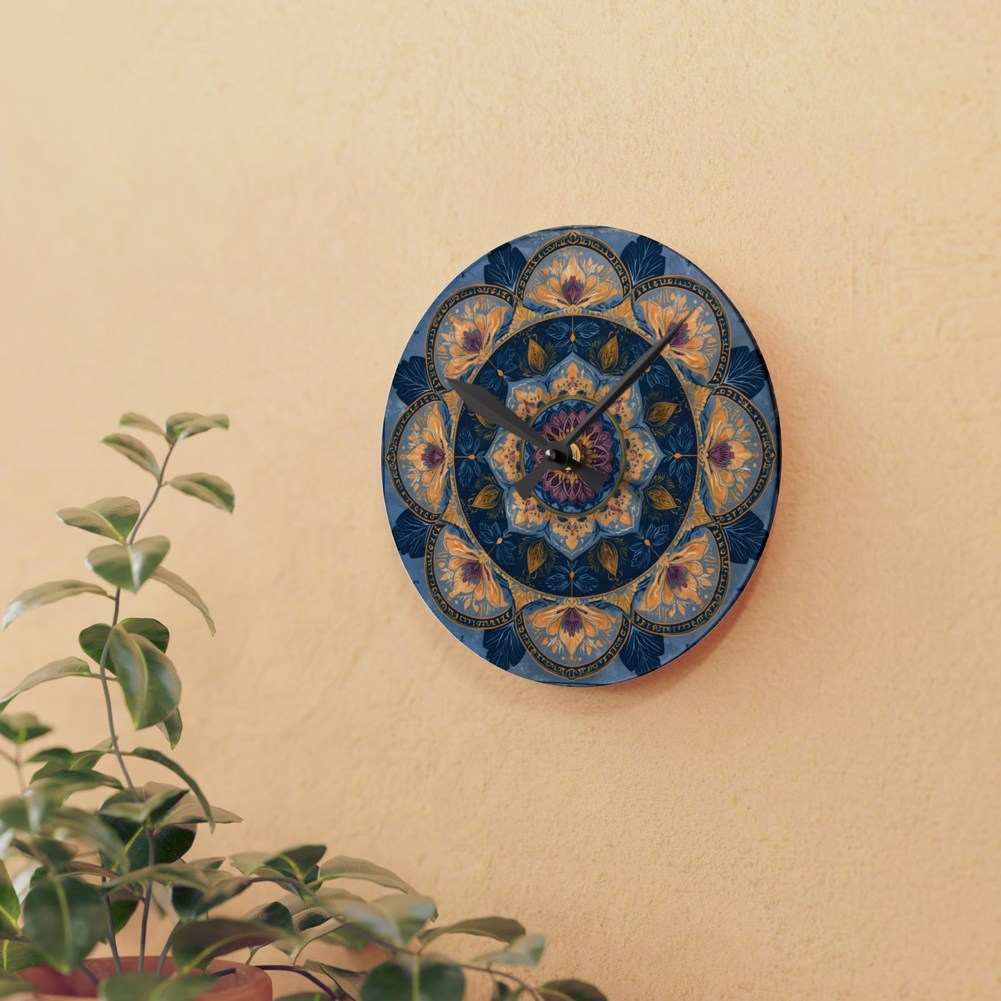 Mandala Floral Acrylic Wall Clock — Boho Blue Decorative Home Clock