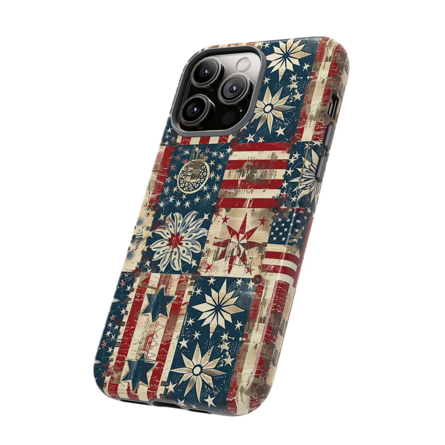 Patriotic Patchwork Phone Case — Vintage American Flag Stars & Quilted Design