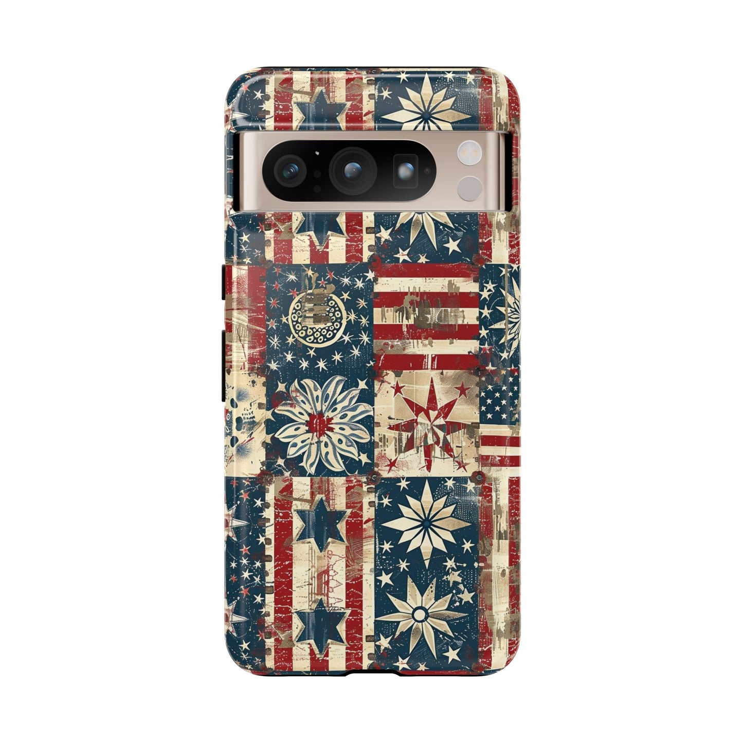 Patriotic Patchwork Phone Case — Vintage American Flag Stars & Quilted Design